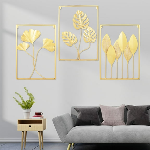 3 PCS Wall Art Decor Set Gold Metal Wall Art Hanging Sculpture Large Leaf Home Garden Decor for Living Room Foyers Bedrooms Dressing Rooms Hotels Bookstores