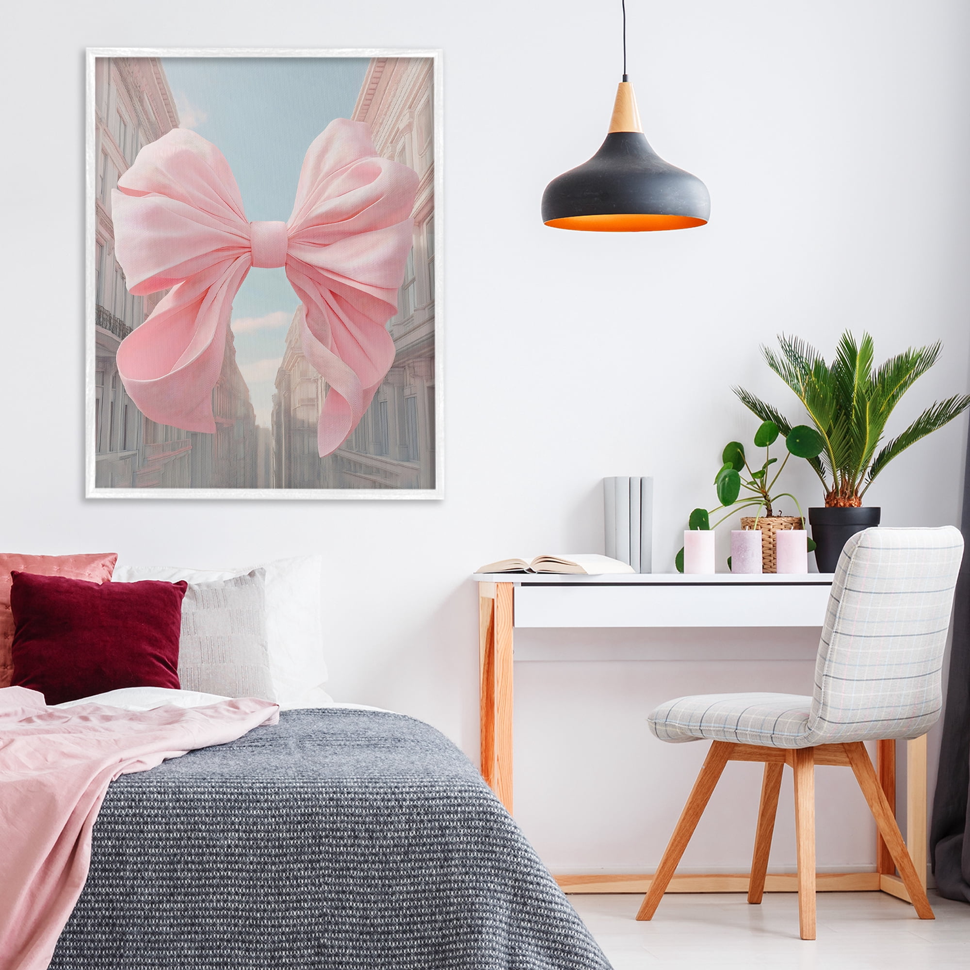 Stupell Industries Pink Bow over City Street White Framed Giclee Art, design by The Prints Vibe