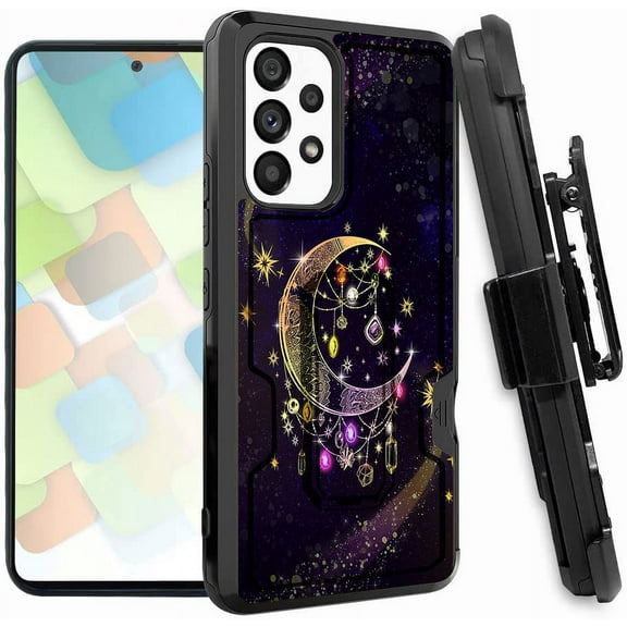 ANJ  Rugged Dual Layered Holster Case w/Kickstand, Card Slot Case   Tempered Glass Cover for Samsung Galaxy A53 5G - Dreaming Crescent Moon