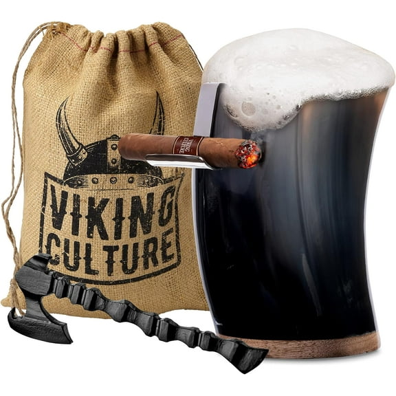 Viking Culture Horn Mead Cup - Nordic Inspired Drinking Vessel | Handmade Goblet for Wine Beer Ale - Safe and Unique Drink Tumbler Gift with Axe Bottle Opener, Cigar Holder and Burlap Bag