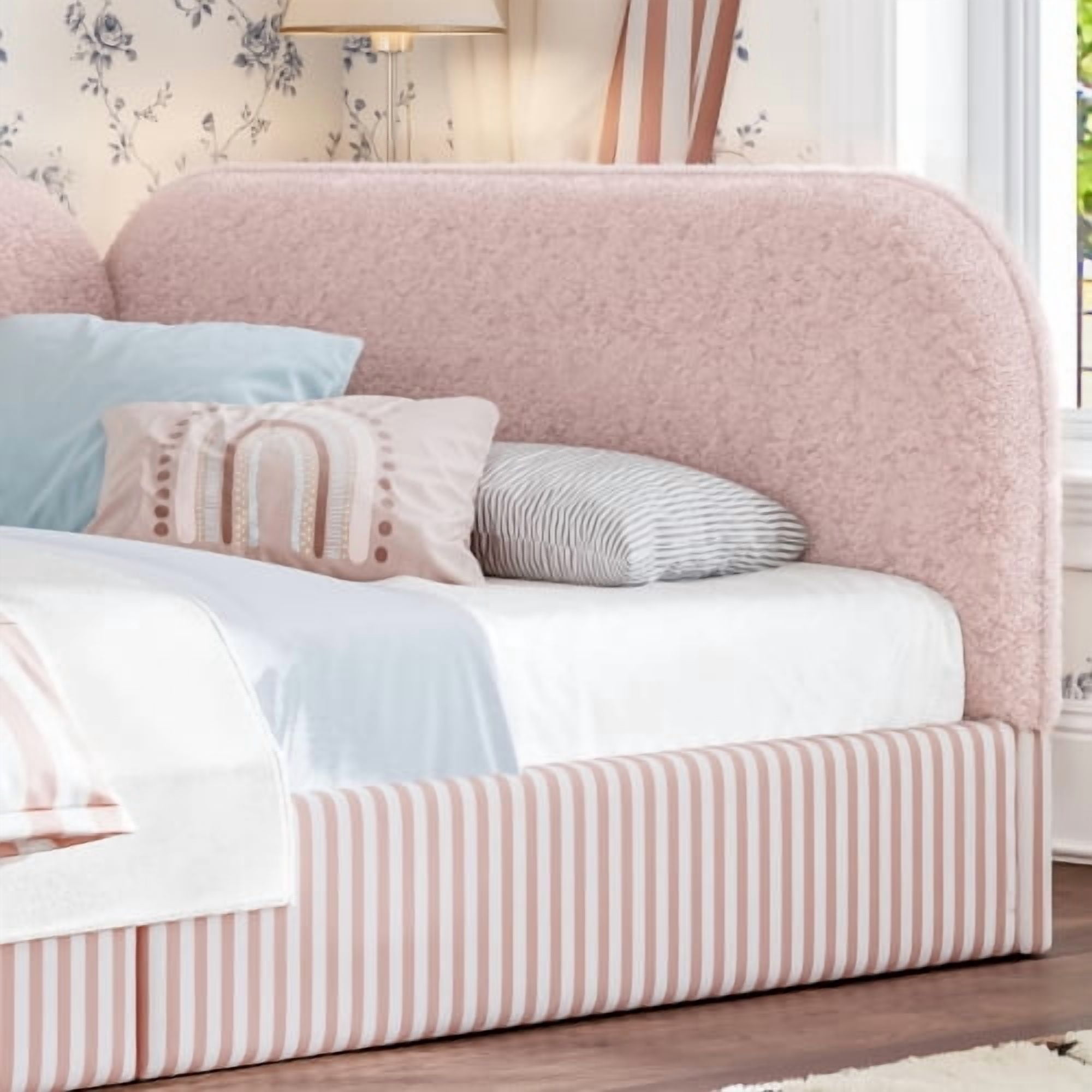 Twin Size Upholstered Teddy Fleece Floor Bed Frame, Half-Enclosed Montessori Low Profile Platform Bed with Full-Perimeter Guardrails for Kids, Pink