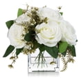 thumbnail image 2 of Enova Home 9 Heads Artificial Silk Rose Flowers in Clear Cube Glass Vase with Faux Water (White), 2 of 4