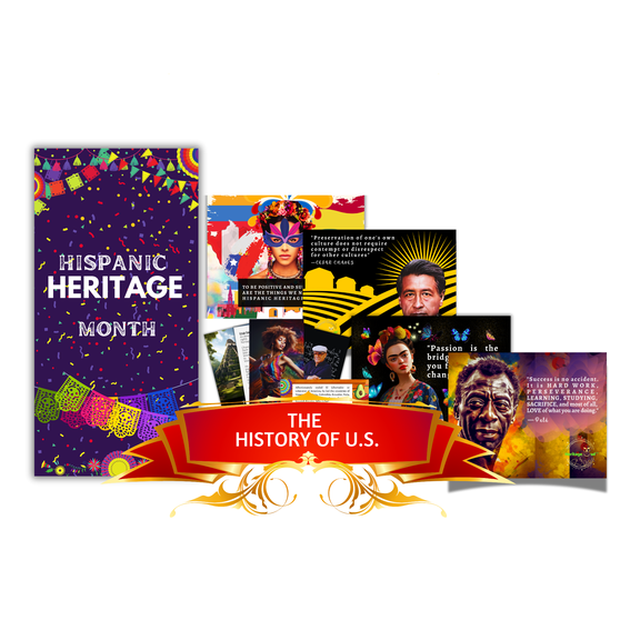 65-PCS Hispanic Heritage Month Educational Bundle | Trivia & Flashcards, Posters, Worksheets, Banners for Schools & Events | Subjects: Hispanic Arts & Culture, Sports, STEM, Activism & More