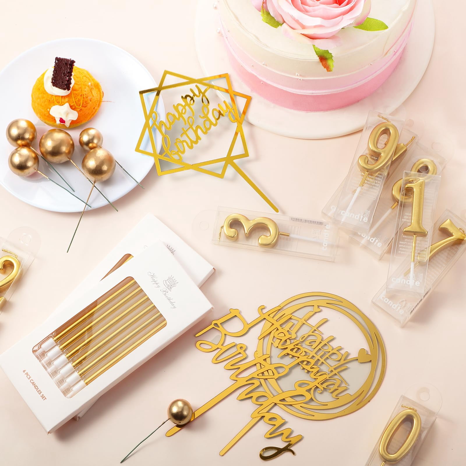 34 Pcs Happy Birthday Cake Toppers and Candles, DIY Cake Decorations for Men Women Wedding Anniversary Gold