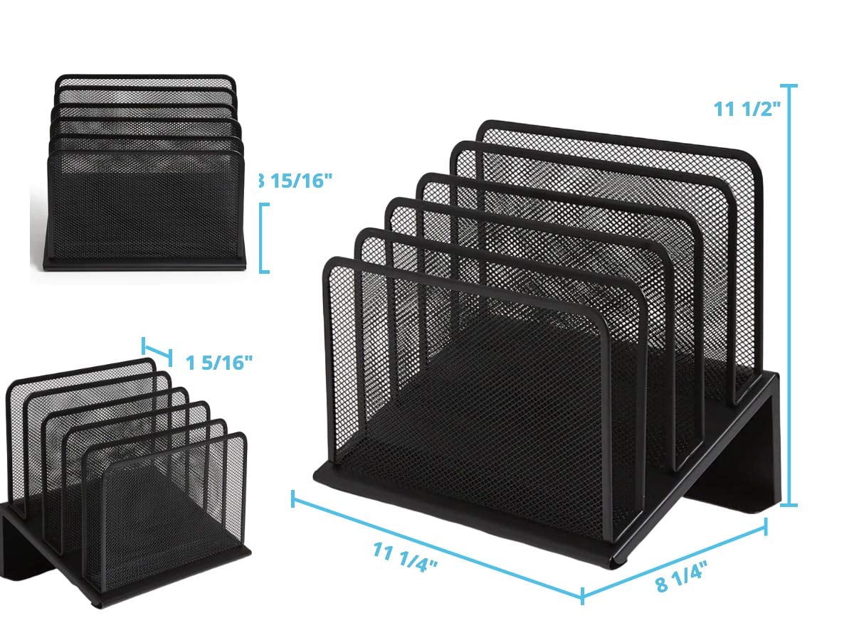 1InTheOffice Metal Mesh File Organizer, Black Wire Mesh 5 Section Incline Sorter, Black Finish