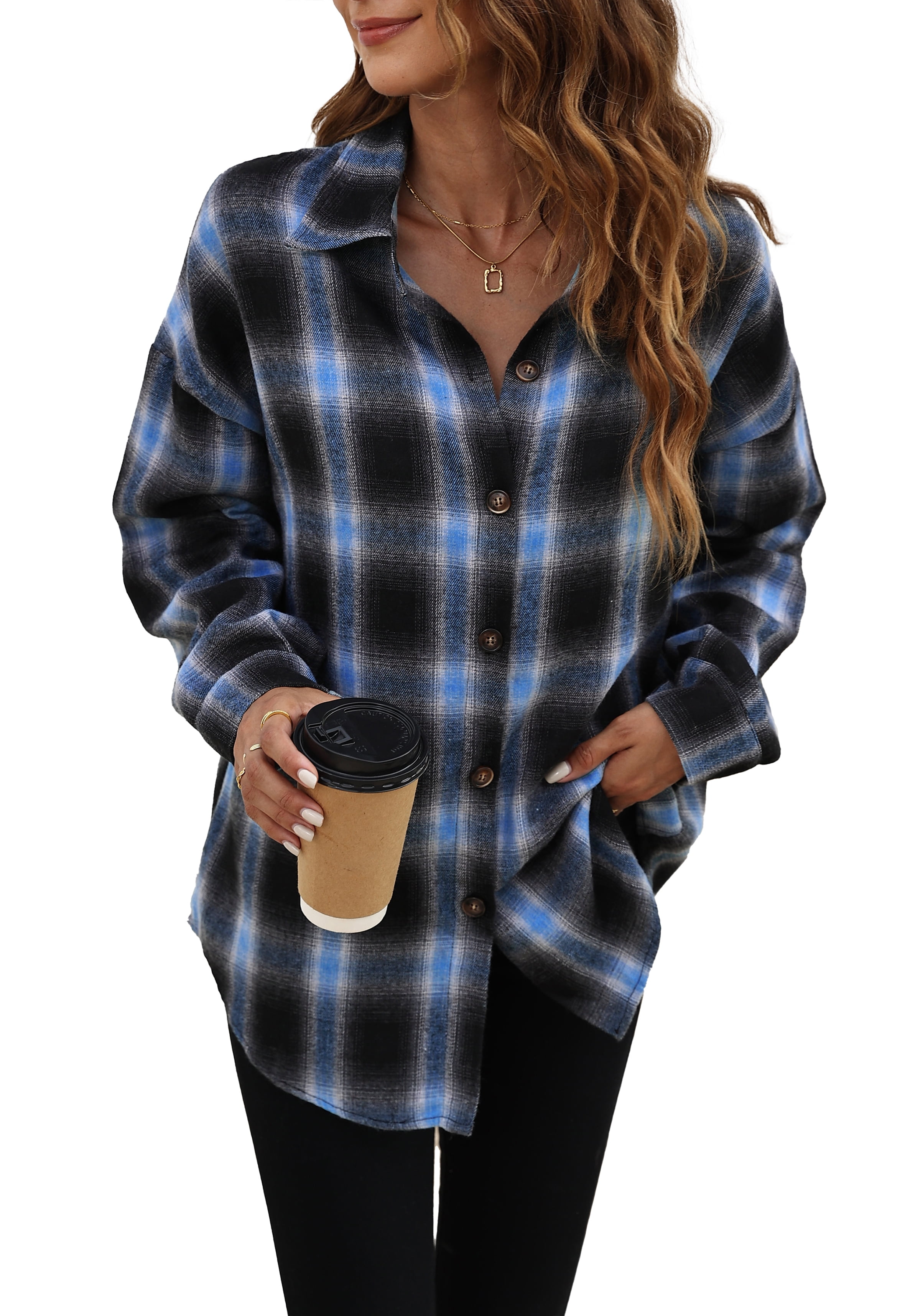 Fantaslook Plaid Flannel Shirts for Women Oversized Long Sleeve Button Down Shirts Blouses Tops