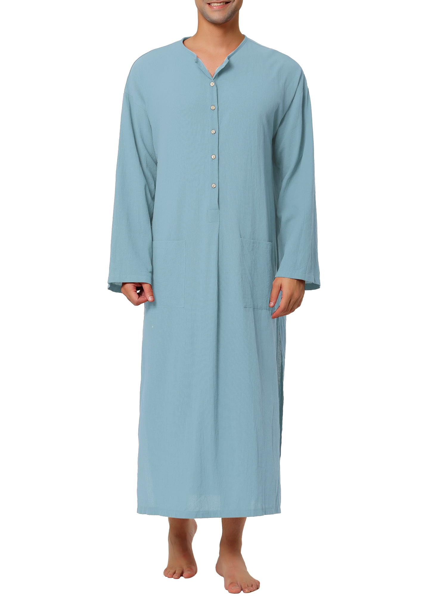 Unique Bargains Men's Nightshirt Cotton Sleep Shirt Side Split Long Nightgown S Light Blue