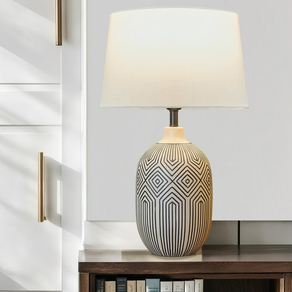 Deyidn 22" Modern Table Lamp, Ceramic Base with Linen Shade in Black & White for Bedroom Nightstand, Office Desk