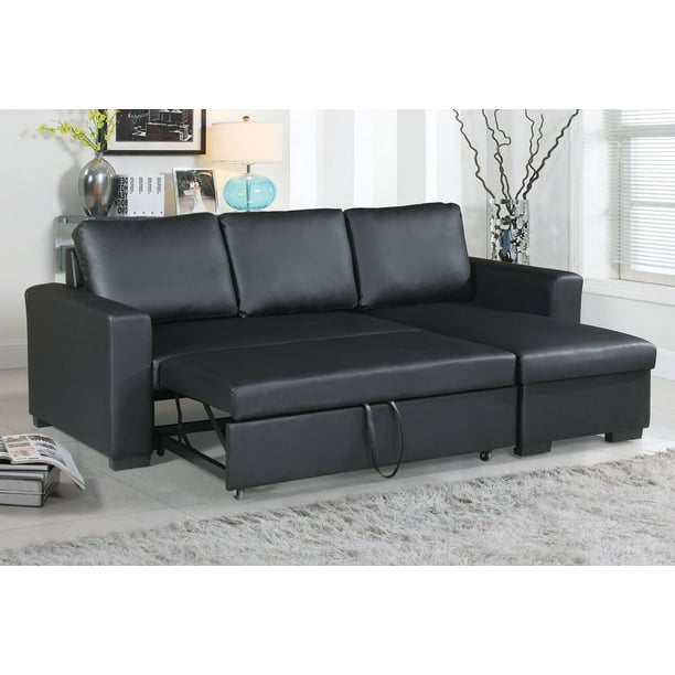 Modern Black Faux Leather Convertible Sectional Sofa Set With Pull Out Bed Walmart Com Walmart Com