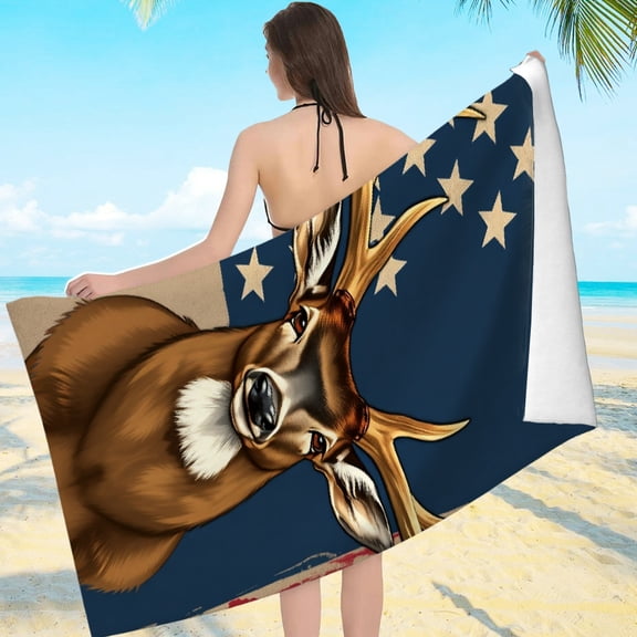 RKSupls American Flag Deer Microfiber Beach Towel, Extra Large Quick Dry Lightweight Towel for Travel Swimming Camping, Soft Super Absorbent- 55.1x27.6in
