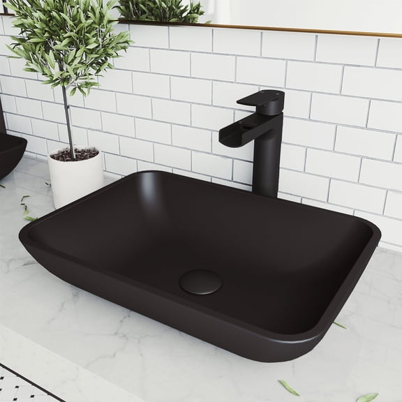 VIGO Matte Shell Sottile Glass Rectangular Vessel Bathroom Sink in Black with Amada Faucet and Pop-Up Drain in Matte Black