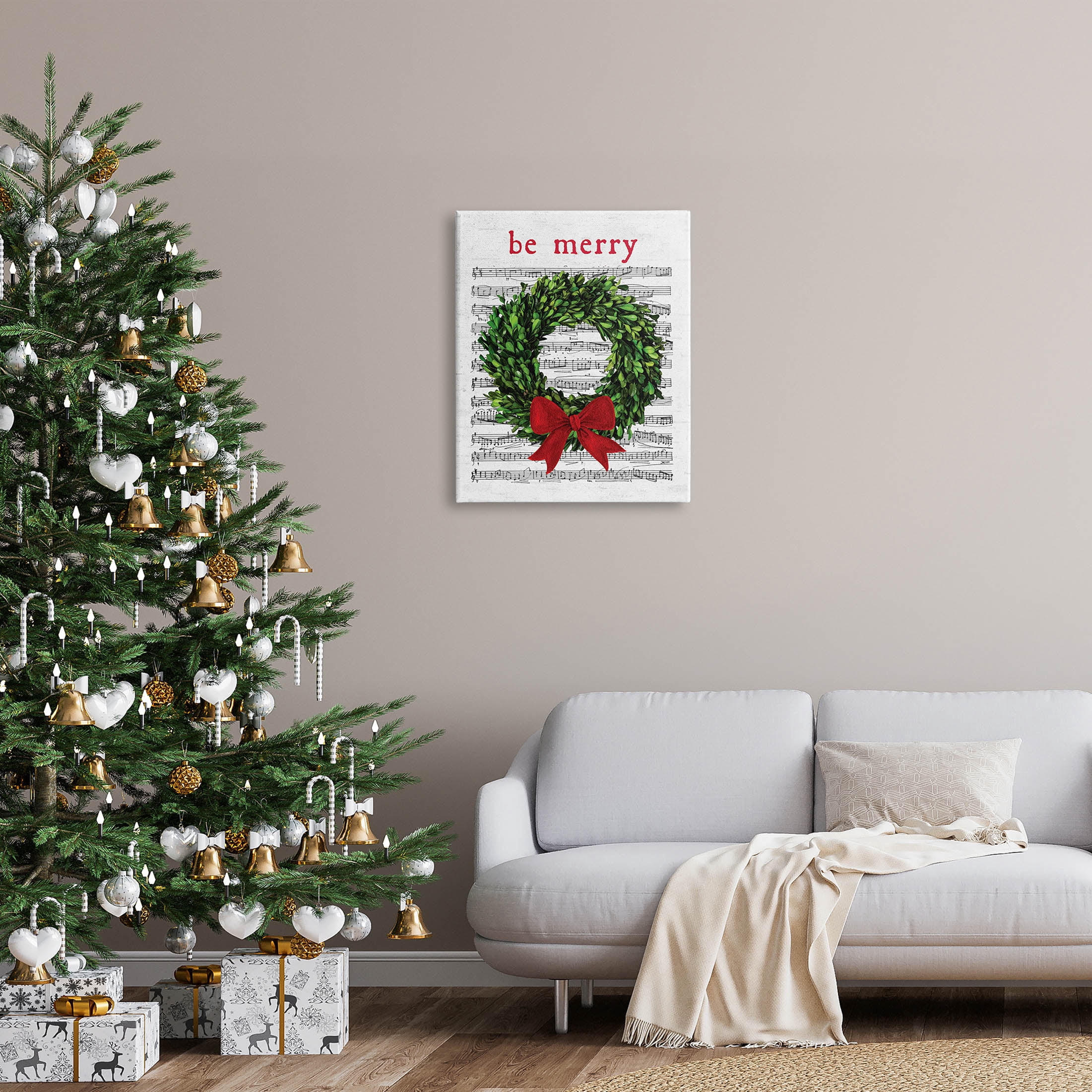 Stupell Industries Be Merry Holiday Music Wreath Graphic Art Gallery Wrapped Canvas Print Wall Art, Design by Lettered and Lined