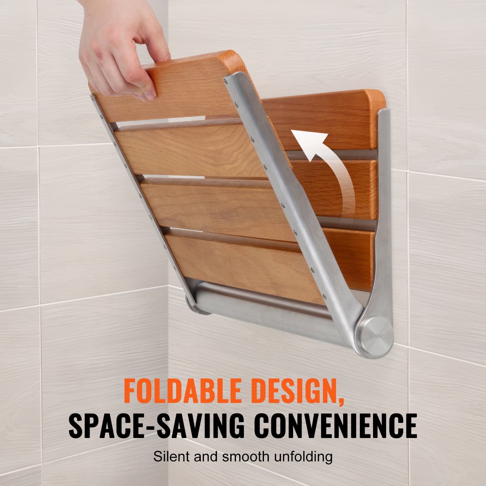 KFFKFF Oak Shower Bench, Wall Mount, 16.1" x 13.4", Folds Up, 440 lbs Capacity, Compact Design for Elderly, Pregnant, Kids