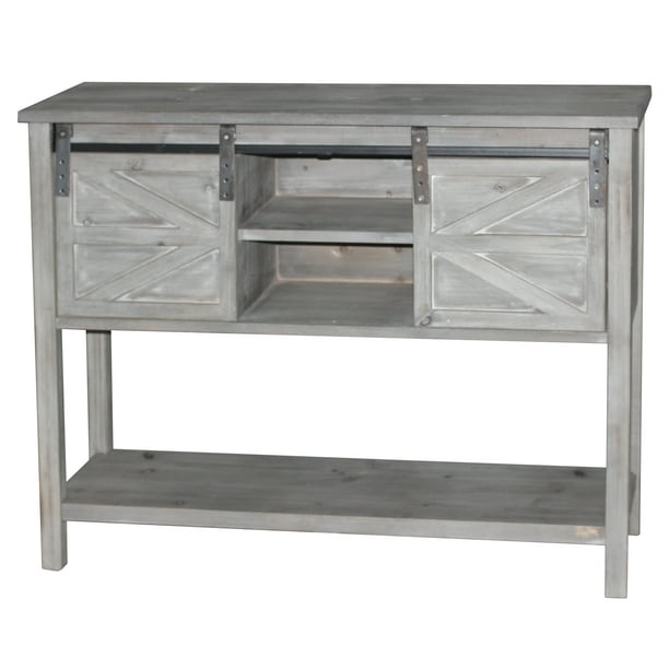 Antique Farmhouse Console Table with 2 Sliding Barn Doors and Shelf