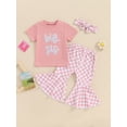 thumbnail image 2 of Bslissey Toddler Little Girls Summer 3Pcs Outfits Short Sleeve Letter Patch T-shirt + Checkerboard Flare Pants + Headband 18M 24M 3T 4T 5T 6T Kids Casual Long Pants Sets, 2 of 9