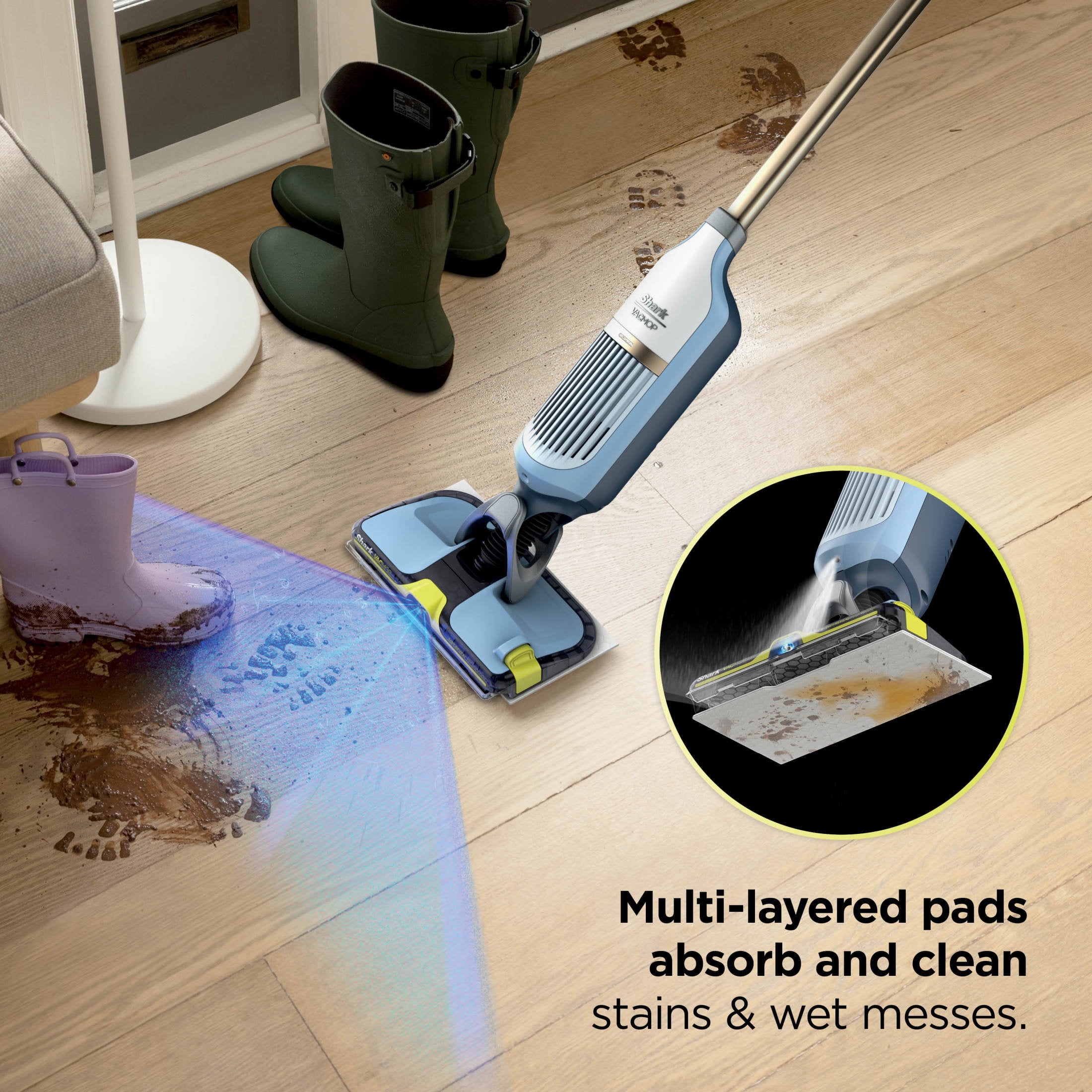 Shark VACMOP Reveal Cordless Hard Floor Cleaner, Vacuum and Spray Mop, 4 Disposable Pads, 12oz Pet Multi-surface Cleaning Solution, VM401BL Blue