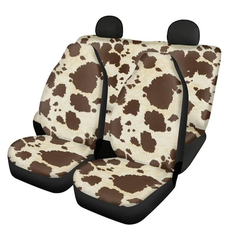 Pzuqiu Automotive Car Accessories Brown Cow Print Universal Fit Car Seat  Cover Front Seat Protector + Back Bench Cover Full Set of 4Pcs Easy Install