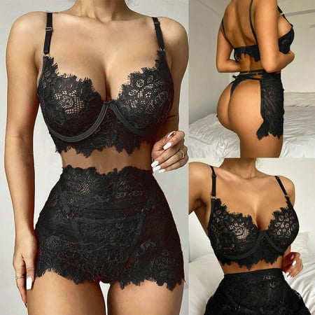 

UoCefik Women s Solid See Through Lingerie Set Sexy Lace Lingerie for Women