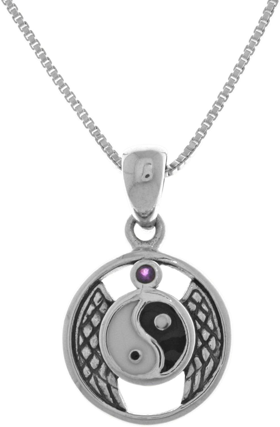 Sterling Silver Winged Yin Yang Pendant with Purple Amethyst on 18 Inch