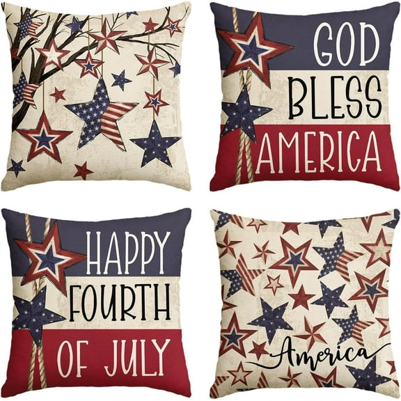 God Bless America Stars Tree Throw Pillow Covers, 18 x 18 Inch 4th of July Patriotic Independence Memorial Day USA Flag Cushion Case for Sofa Couch Set of 4