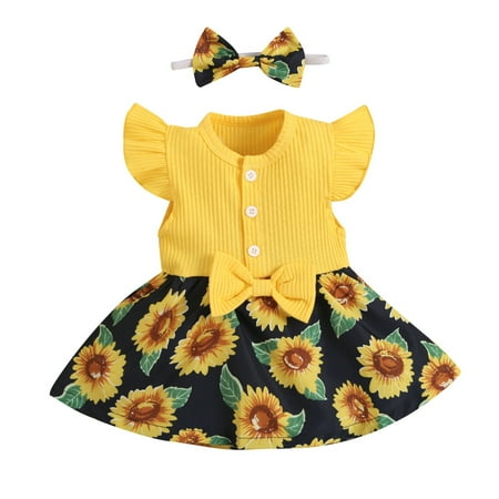 

Lovely Casual Sets For Children Girls Floral Printed Ruffled Sleeve Beach Sunflowers Infant Princess Bowknot Romper Hairband 2PCS Outfit Dailywears Comfortable Loose Fittness Sets