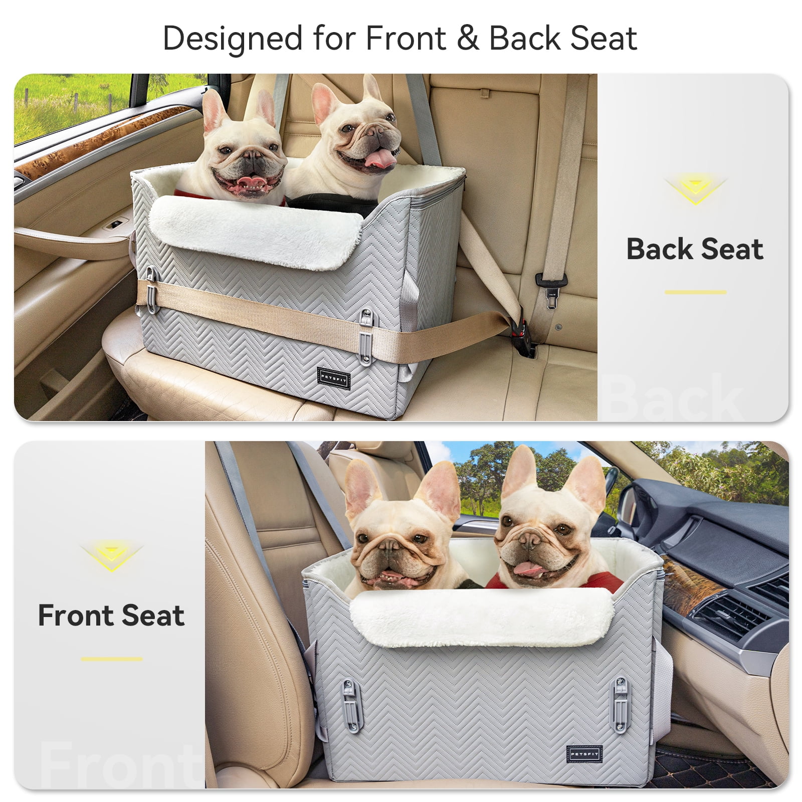 PETSFIT Dog Booster Car Seat, Waterproof PU Leather Car Seat for Dogs with Patented Safe Buckles, 2 Clip-On Safety Leashes, Grey