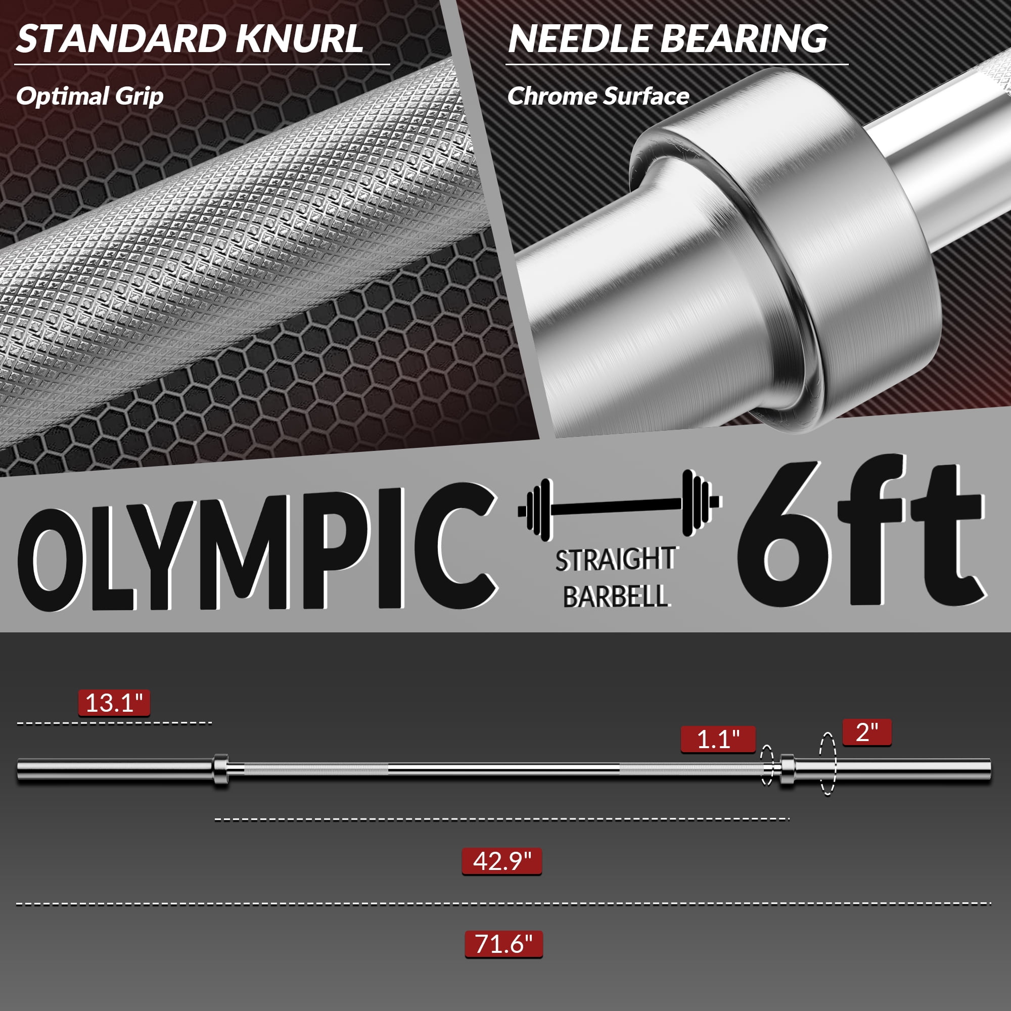Signature Fitness Olympic Barbell, Alloy Steel, Silver, 2-Inch Sleeve, Available in 5FT, 6FT, and 7FT, Strength Training Weightlifting Bar for Home Gym