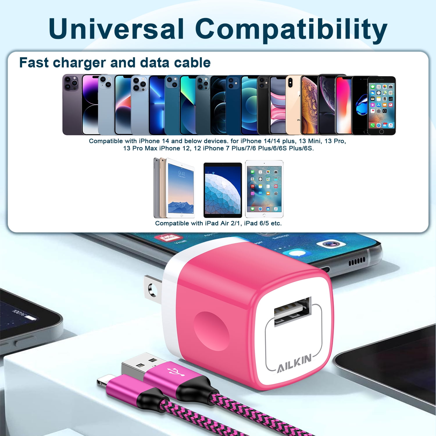 Compatible with iPhone Charger Fast Charging AILKIN 2Pack Charger Block with 6ft Cord Charging Block Plug Power USB Wall Charger Adapter Compatible with iPhone 14/13/12/11,Purple+Rose