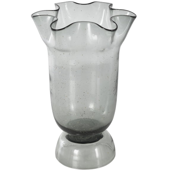 DecMode 14" Floral Tulip Inspired Black Glass Vase with Wavy Opening and Gold Speckles