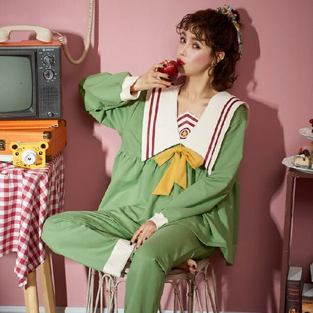 

DanceeMangoo Fashion Autumn Winter Princess Retro Style Pajamas Sets for Women Cotton Green Soft Sleepwear Suit Home Wear Loose Nightwear Set