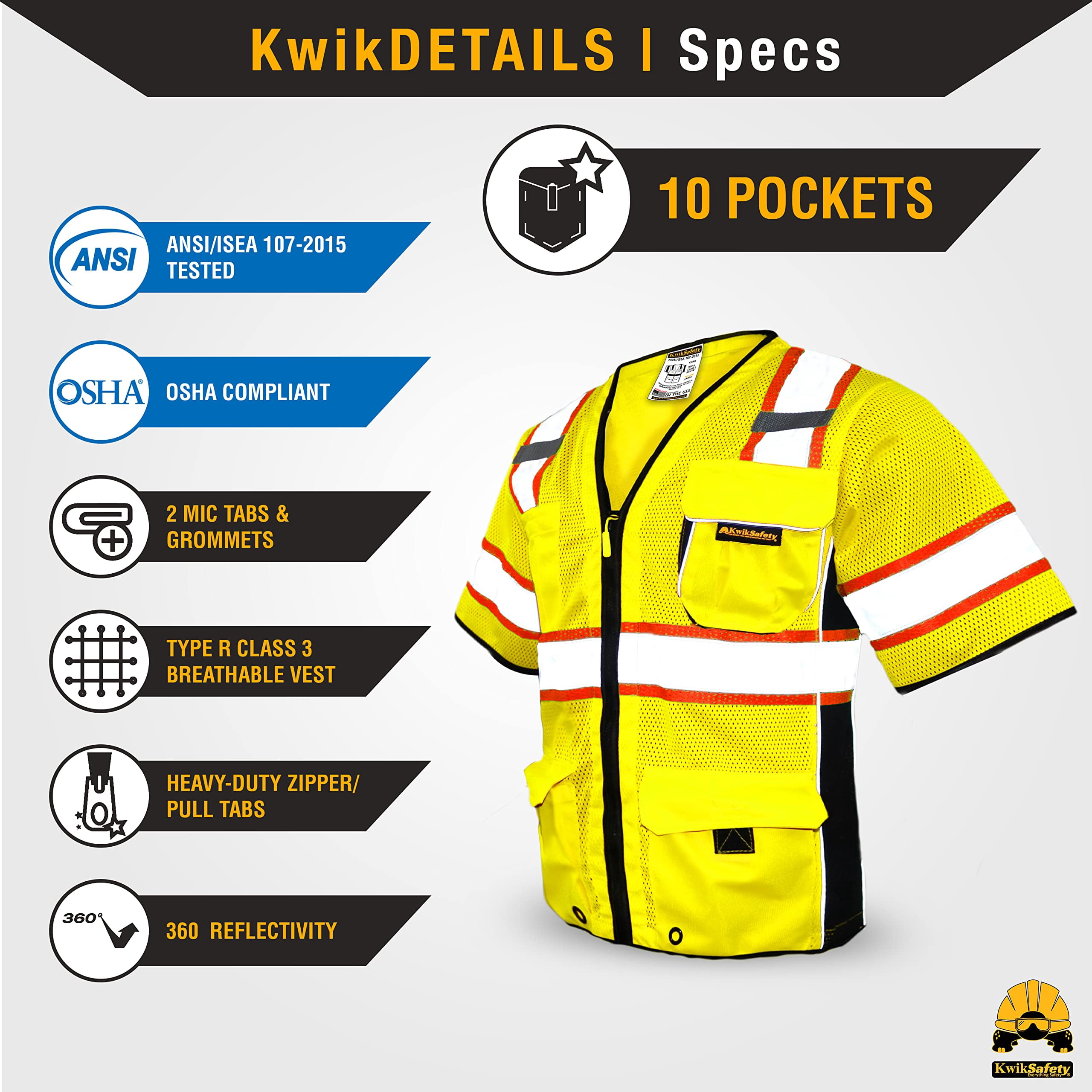 KwikSafety (Charlotte, NC) EXECUTIVE Safety Vest (10 Pockets) Class 3 ANSI OSHA High Visibility Reflective Heavy Duty Mesh Zipper HiVis Construction Work Site HiViz Men Women | Yellow Large
