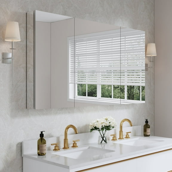 ANGELES HOME 56" x 30" Rectangle Medicine Cabinet Mirror, Surface Mount or Recessed Medicine Cabinet with Tempered Mirror, Anodized Aluminum Frame, Bathroom Mirror with Storage