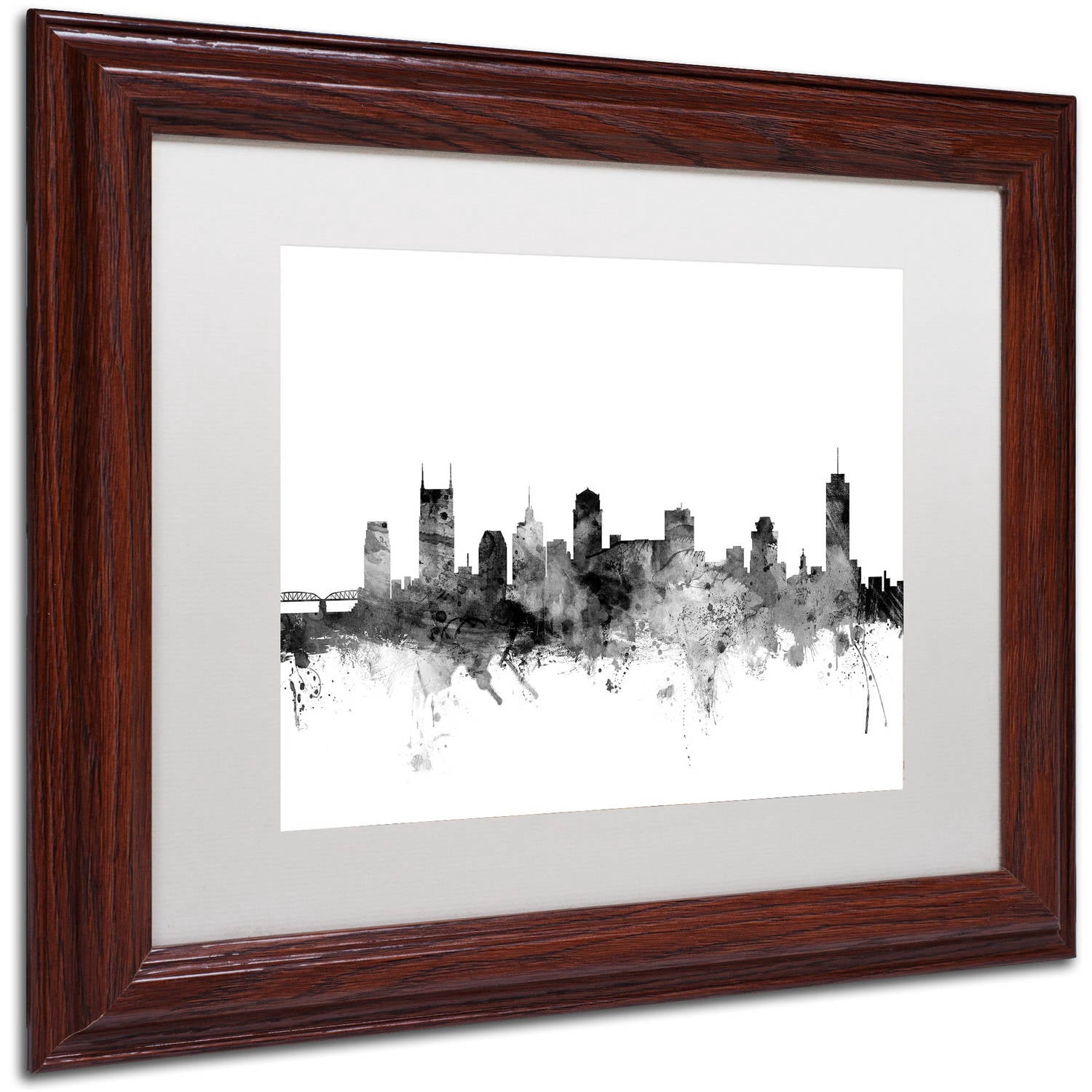 Trademark Fine Art "Nashville TN Skyline B&W" Canvas Art by Michael Tompsett, White Matte, Wood Frame