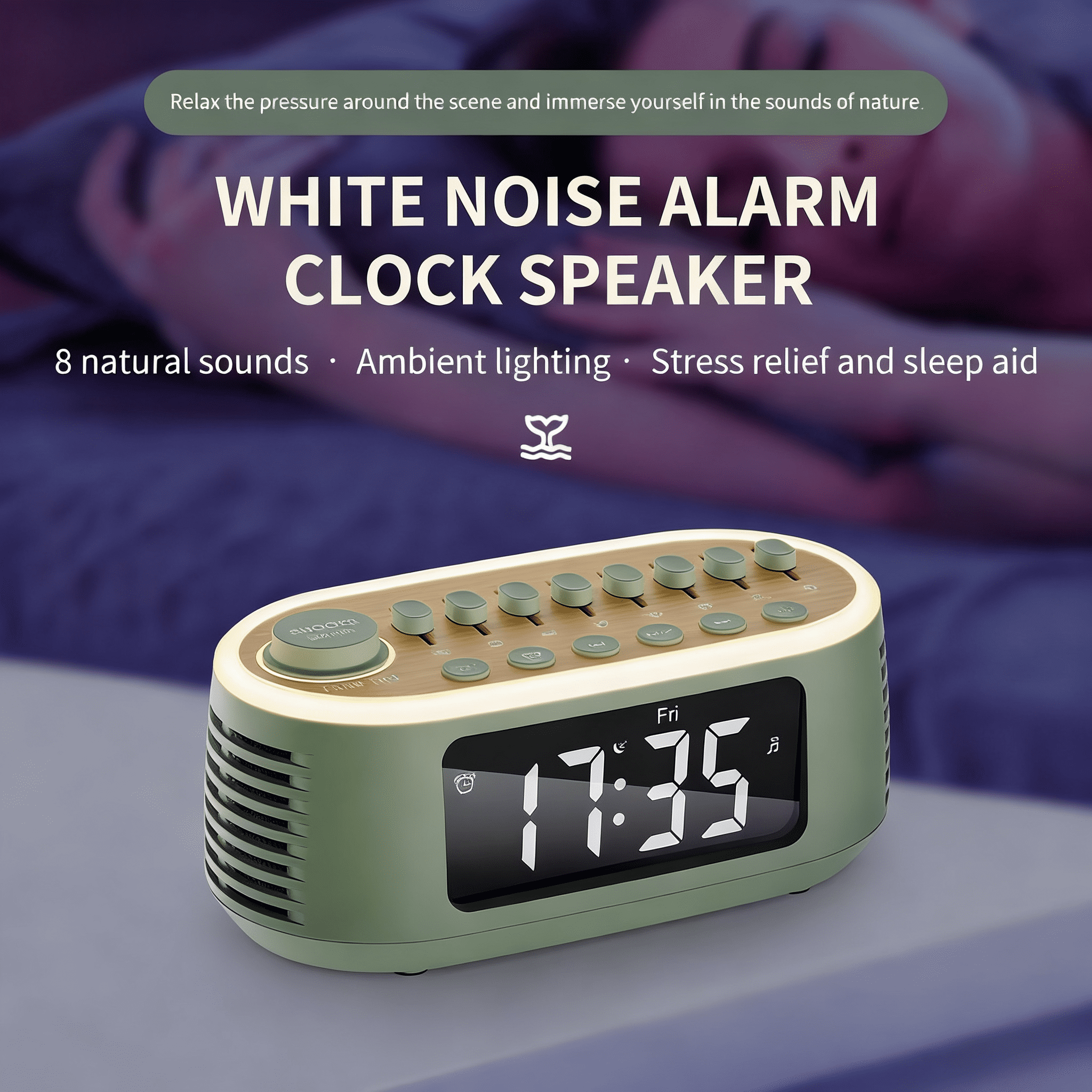 T13 White Noise Machine Bluetooth Speaker, Digital Alarm Clock Sleep Timer with LED Display RGB Night Light, Soothing Natural Sleeping Sound Machine for Baby, Kids, Adults, Bedrooms (Green)