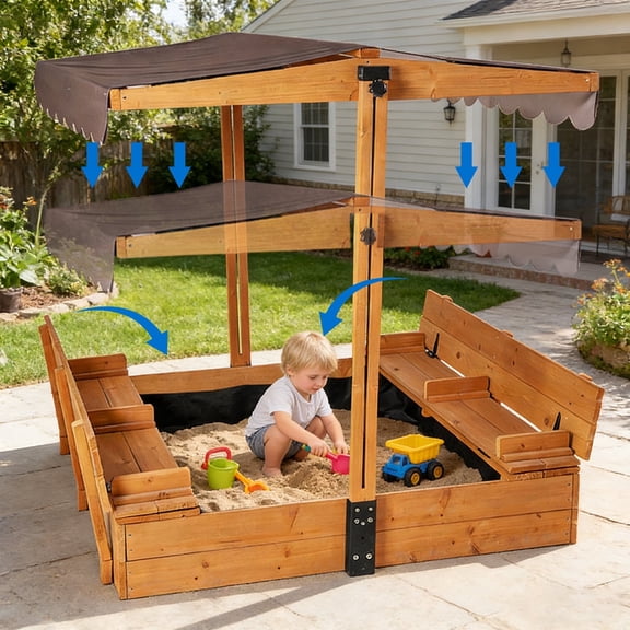 Suumerpety Sand Boxes with Cover for Kids, Large Sandbox with Lid and Canopy, Foldable Bench Seats Outdoor Wooden Playset for Children Ages 4-8