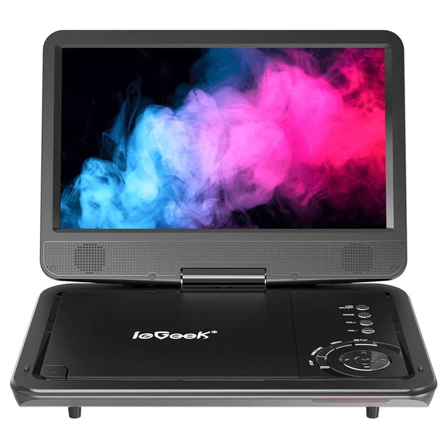 ieGeek Reproductor de DVD portátil HD de 12,5 pulgadas con entrada/salida AV, tarjeta SD y puerto USB, batería recargable de 5 h, pantalla giratoria de 10,5", reproducción de silencio con una sola tec