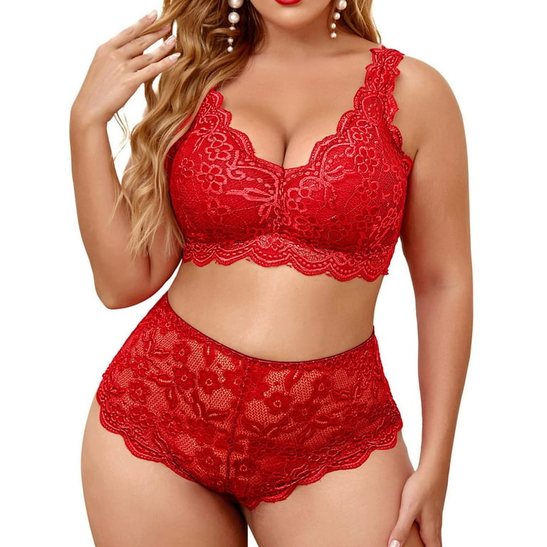 Shakumy Hence under Wear Plus Size Sexy Lingerie V Neck High Waist Floral Lace  Bra And Panty 2 Piece Set Bunny Undies Underwear Red 4X-Large 