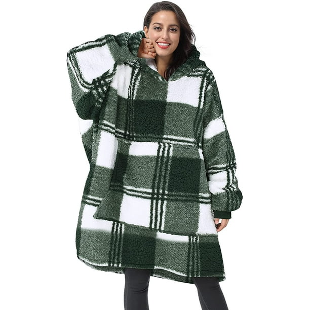 HHHC Green Plaid Oversized Hoodie Blanket Sweatshirt Comfortable Sherpa Giant Hoodies Reversible Gift for Womens