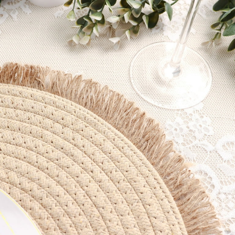 Efavormart 4 Pack  15 Round Natural Rustic Burlap Jute Placemats Fringed  Edges, Farmhouse Placemats with Trim 