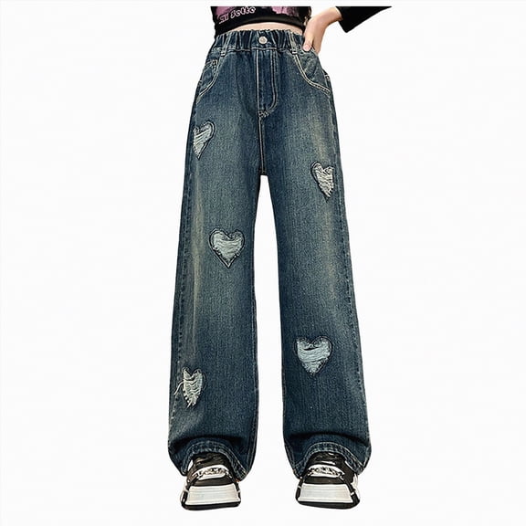 NOLDARES Girl's Jeans Baggy Wide Straight Leg High Elastic Waisted Denim Pants Kid 7-14Y with Streetwear(Blue,6-7 Years)