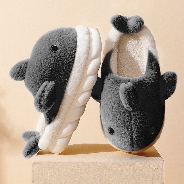 Pantuflas Divertidas De Algodón Con Tiburón Cute Shark Home Zapatos de felpa Cómoda zapatilla de algodón cálida y peluda (Gris 42 43)