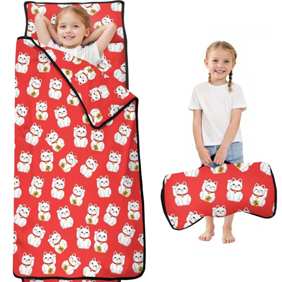 Lucky Cat Red Pattern Teens Toddler Nap Mat with Pillow, Sleeping Mat Bag for Preschool Daycare 59"x22"