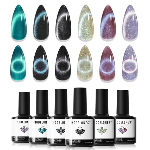 Modelones Cat Eye Gel Nail Polish Set, 6 Colors Holographic 9D Cat Eye Glitter Gel Polish Set Black Blue Purple Green Nail Gel Polish Kit with Magnet Soak Off LED Nail Art Gel DIY Salon Gift