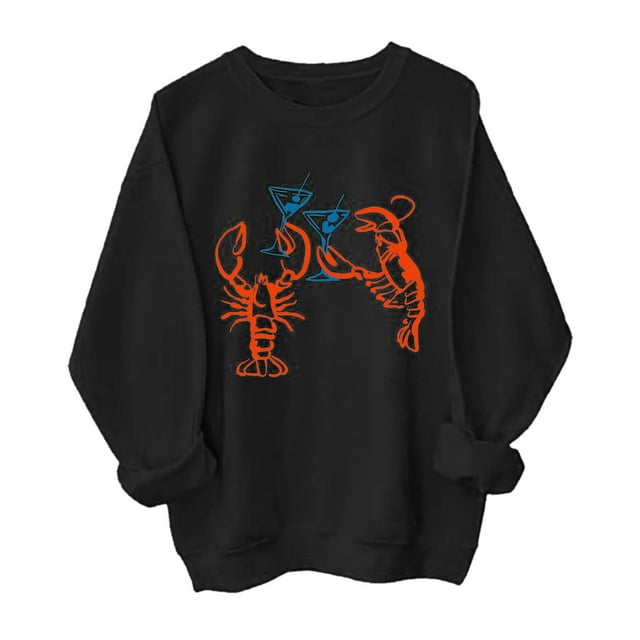 Women's Lobster Print Retro Patterned Hoodless Sweatshirt Long Sleeve Crewneck Pullover Top