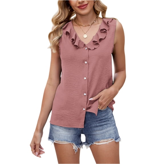 LWavelet Ruffled V-Neck Button-Front Textured Sleeveless Blouse Women Daily Casual Stylish Tops Pink 2XL