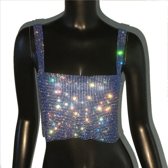 Bling Rhinestones Party Crop Top Fashion Solid Backless Straps Full Diamonds Sequins Cami Cropped Top for Women - Royal Blue / XL