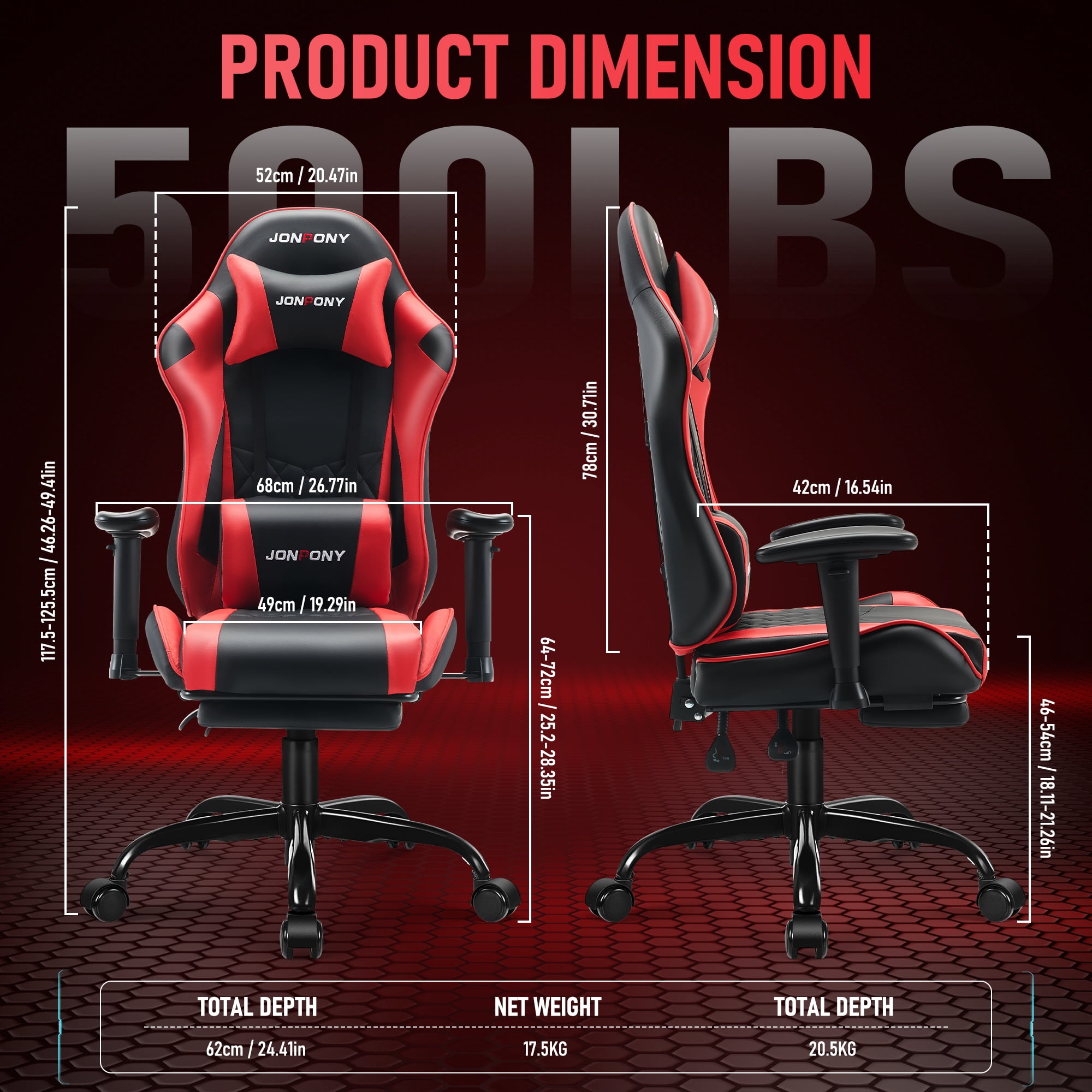 JONPONY Big and Tall 500LBS Gaming Chair, Ergonomic Design with 2D Armrests,PU Leather with Footrest and Lumbar Support, High Back Office Chair Support 8 Hours Long Sitting, Computer Chair,Red