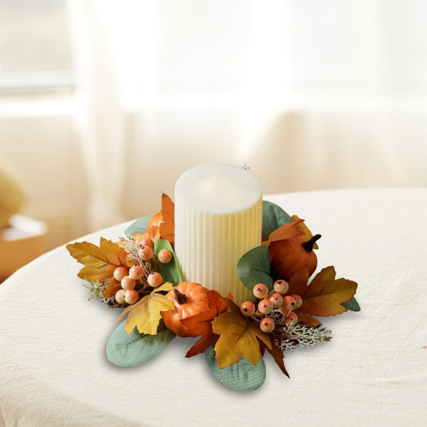 Corona de velas en forma de anillo,Centro de mesa con guirnalda de velas y corona de aro,Anillo de vela con hojas de arce artificiales de otoño,Anillos para velas Anillo para Calabaza naranja