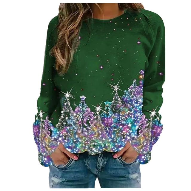 WEAIXIMIUNG Robe Chandail en Molleton Filles Femmes Noël Col Rond Haut Unique Imprimé Chandail en Molleton Sans Capuche