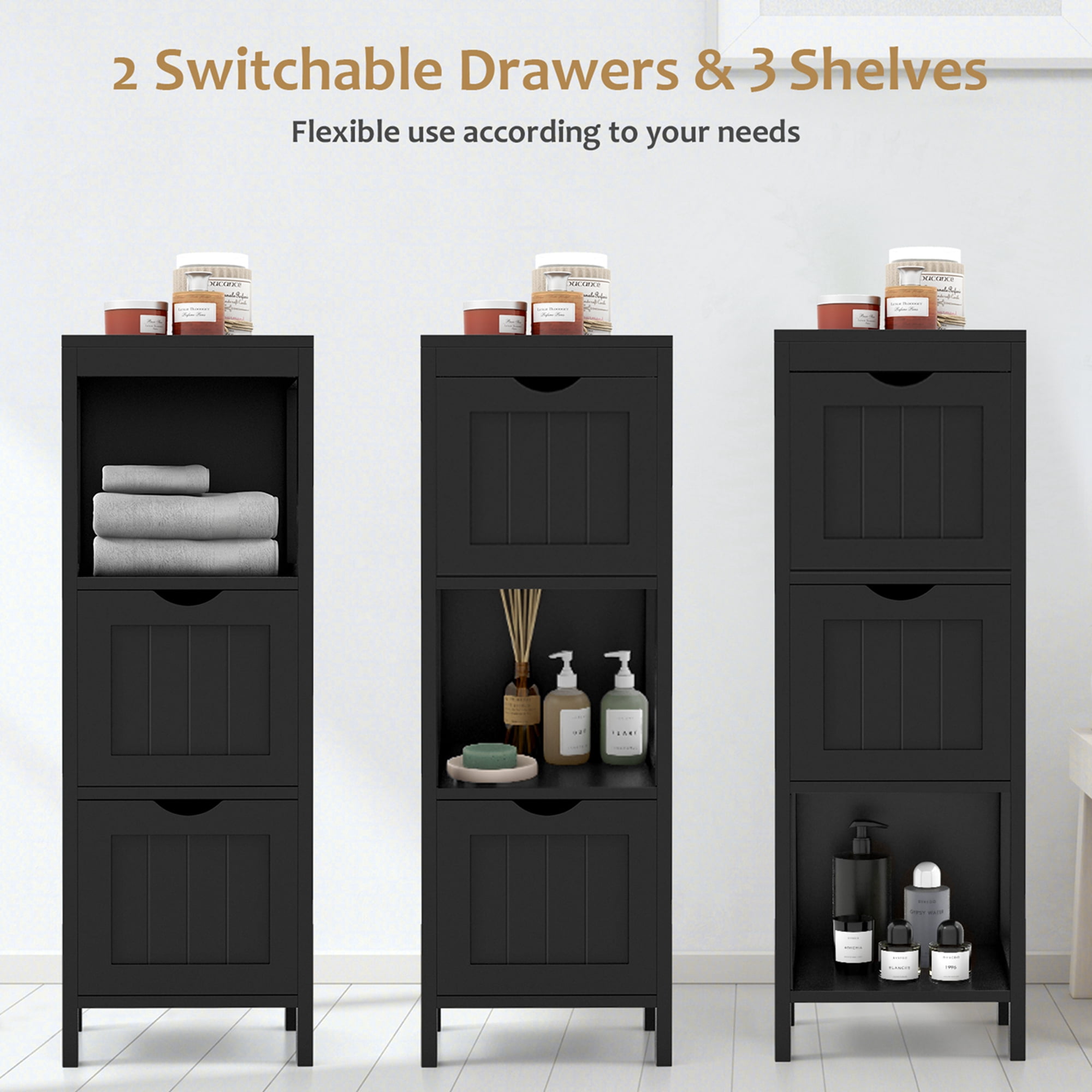 Costway Bathroom Floor Cabinet Freestanding Side Storage Organizer with 2 Removable Drawers Black